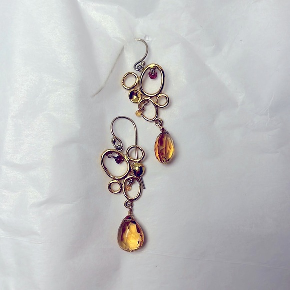 Alexis Bittar 14k yellow gold plated open circle & multi stone dangly earring - Picture 1 of 3